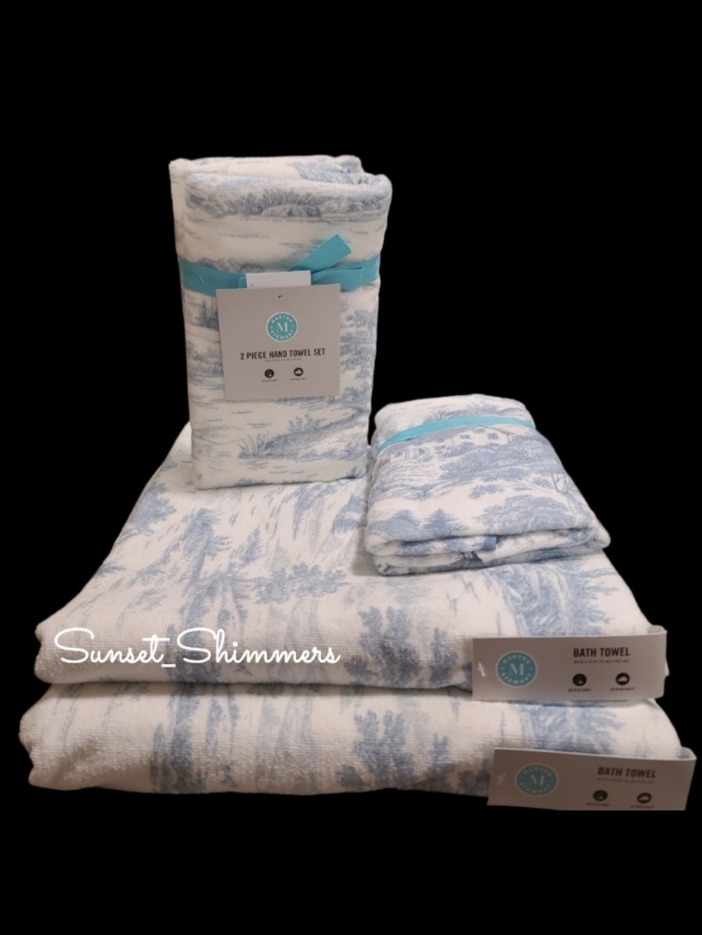 6pc Martha Stewart Blue Toile Velour Bath Hand Tip Towel Set 100% Cotton NEW - Picture 16 of 16